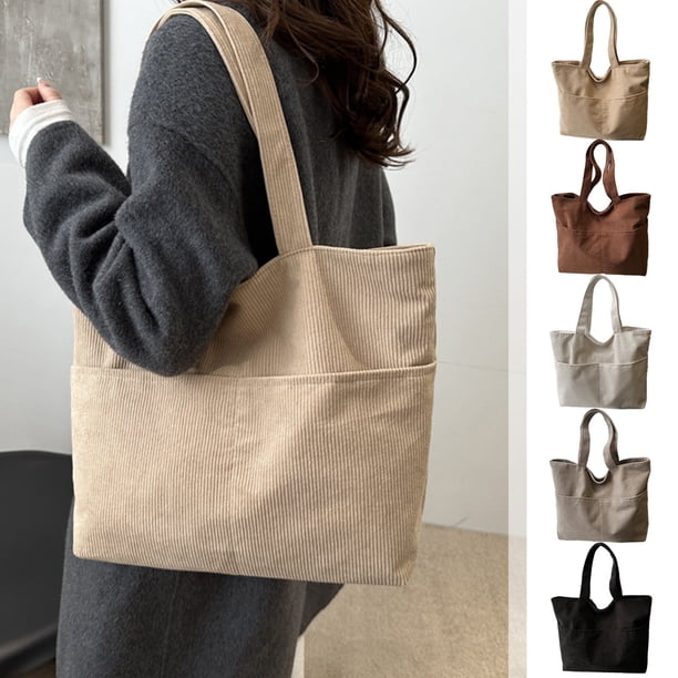 Bolso de pana de gran capacidad – Bolso de hombro de color liso para mujer, diseño casual con estilo, bolsillo con cremallera, ligero, negro/caqui/marrón/gris/blanco, 17,7x12,6 pulgadas