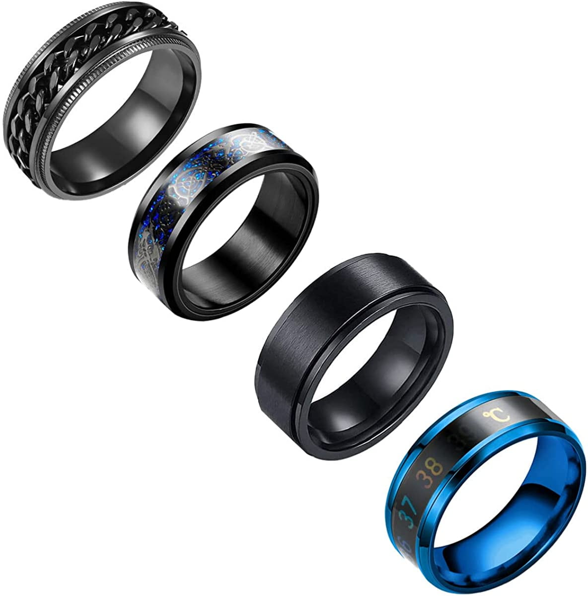 Black Stainless Steel Rings for Men, Fashion Wedding Promise Male Band  Rings Set, Simple Cool Spinner Anxiety Rings Pack for Men Women Size