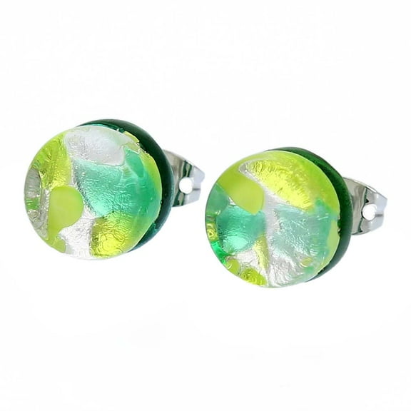 GlassOfVenice Murano Glass Venetian Reflections Round Stud Earrings - Green Silver