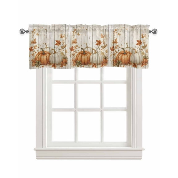 Thanksgiving Pumpkins Kitchen Valances for Windows Farmhouse Linen Window Valance Curtain for Living Room Window Treatment Fall Maple Leaves Farm Wood Grain Valance Rod Pocket Topper, 42 x 18 Inch