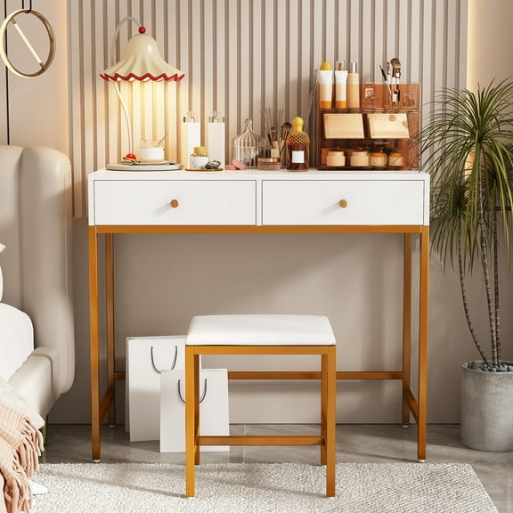 Caulitar Home Office Writing Desk with Drawers, Modern Study Table with Stool for Teens, White & Gold