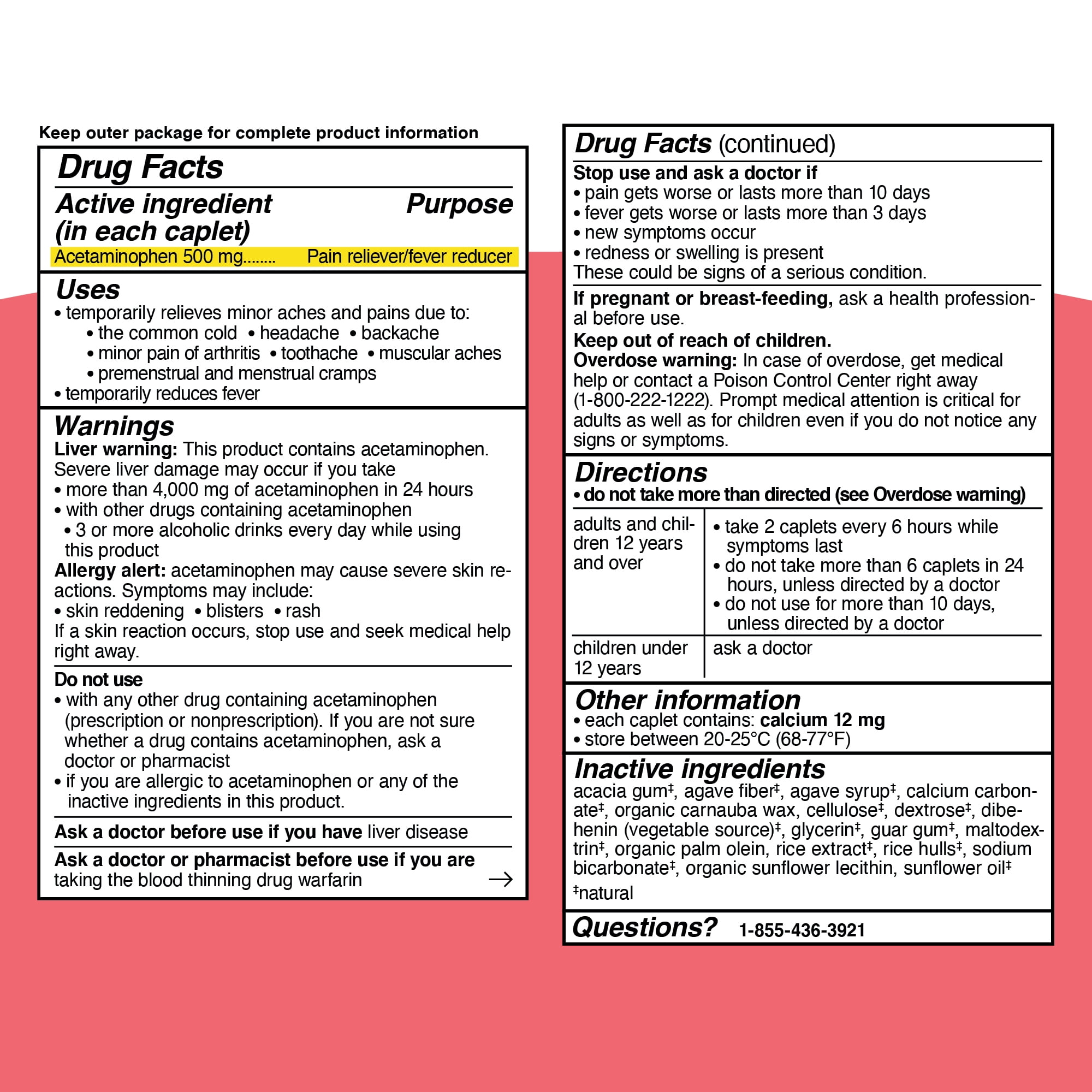 (2 pack) Genexa Clean Acetaminophen Extra Strength Pain Relief, Dye Free, 500mg Caplets, 50 ct