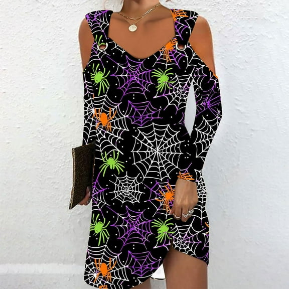 WXLWZYWL Ladies Evening Dresses Casual Halloween Printed Dress Long Sleeve Strapless Dress Fashion Round Neck Suspender Off Shoulder Dress