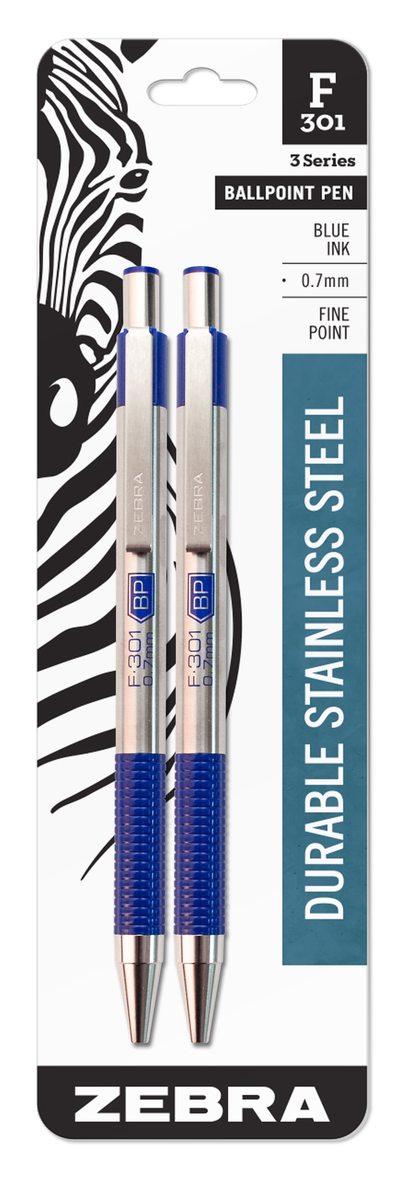 Zebra Pen F-301 Ballpoint Stainless Steel Retractable Pen, 0.7 mm, Blue, 2 Pack