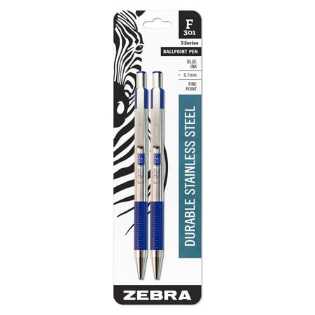Zebra F-301 Ballpoint Stainless Steel Retractable Pen, Fine Point, 0.7mm, Blue Ink,