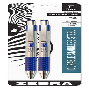 Zebra Pen F-301 Ballpoint Stainless Steel Retractable Pen, 0.7 mm, Blue, 2 Pack