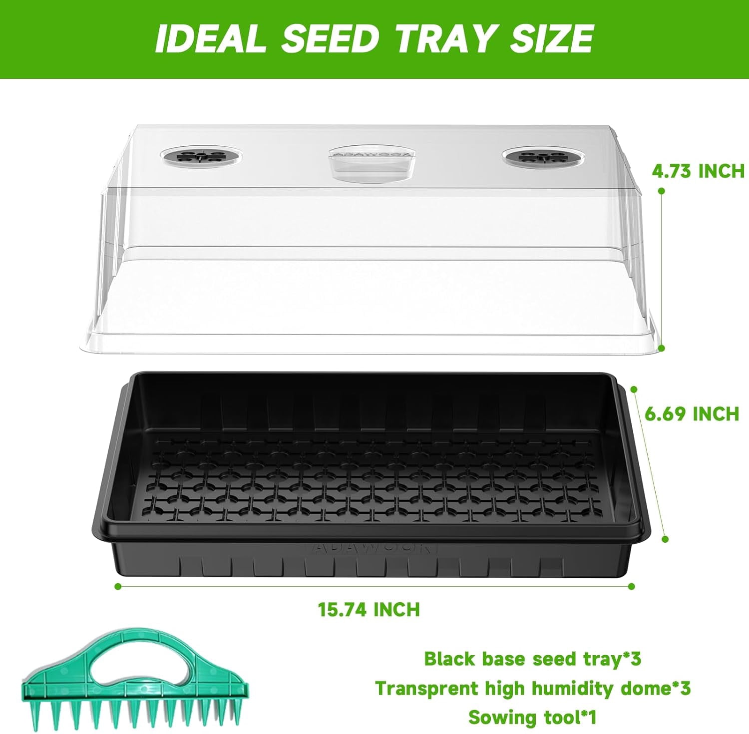 Seed Starter Tray, Gardening Plant Grow Trays Kit for Seedling, Germination Trays with 4.72 Inch High Humidity Domes，Large Growing Space & Better Air Flow for Seed Starting, Mini Greenhouse, 3PCS