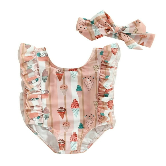 Combinaison Bikini d'Été pour Bébé Fille, Imprimé de Crème Glacée Dessin Animé, Maillot de Bain Sans Manches à Volants, Ensemble avec Bandeau, Rose Orange, 9-12 Mois