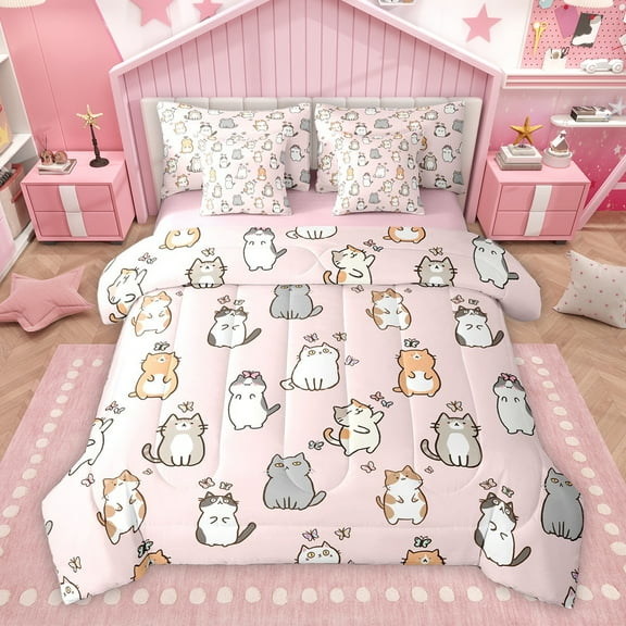 Homewish Kawaii Cat Kitten Twin Bedding Sets 7-Piece, Cute Cartoon Animal Lover Bedding Comforter Set, Teens Kids Girls Reversible Sheet Sets, Super Cozy Room Decor