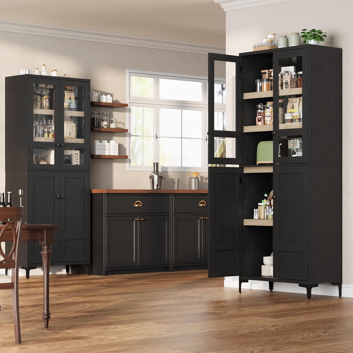 Hetoy 71-Inch Tall Storage Cabinet, Kitchen Food Cabinet, 5-Shelf Bathroom Cabinet, Glass Door with 4-Door Adjustable Shelves for Kitchen, Dining Room, Bathroom, Black