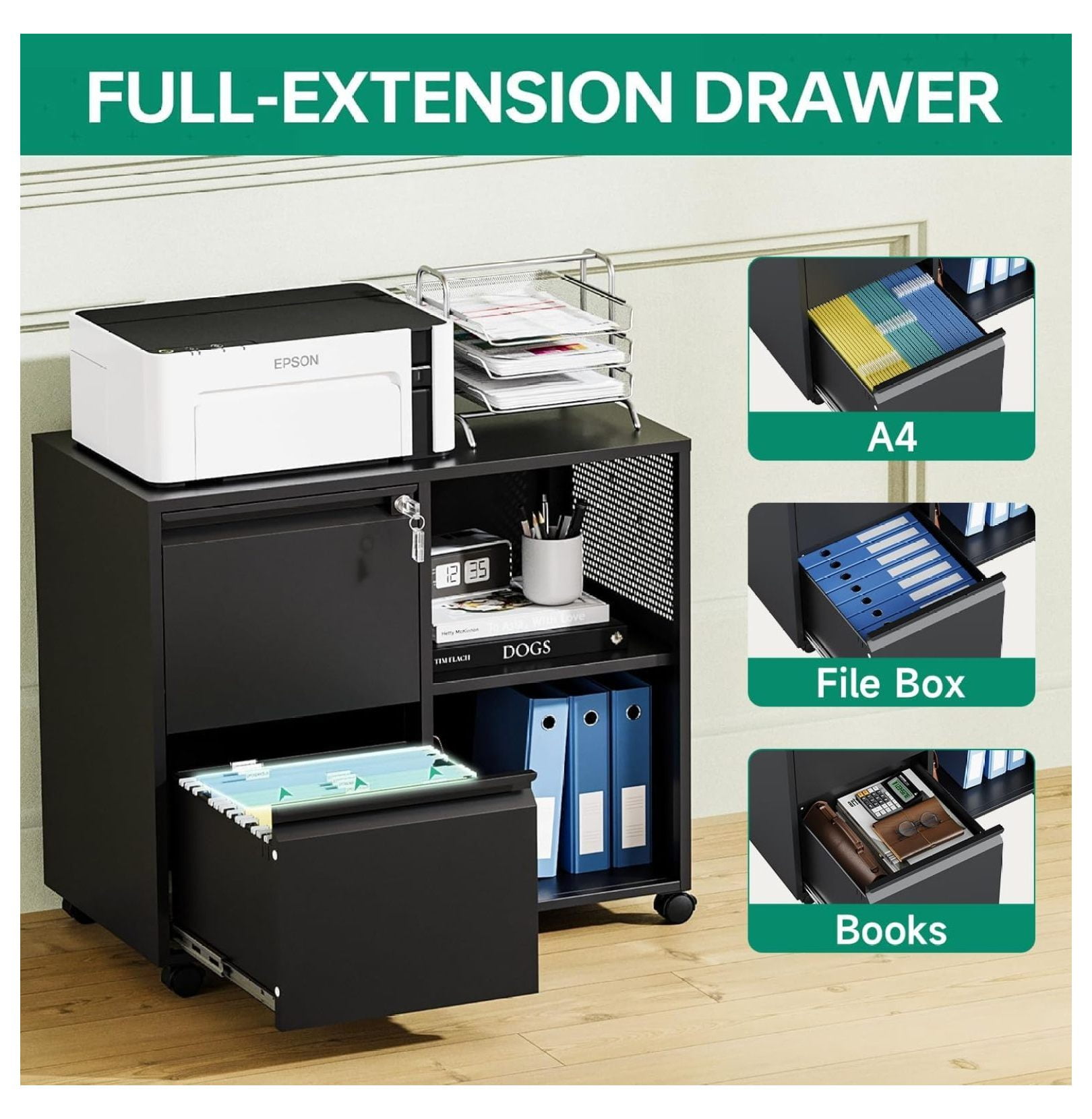 WDZS Mobile File Cabinet, Metal Lateral Rolling Printer Stand Filing Cabinets with Shelves for Home Office-Storage A4/F4/Letter (Black)