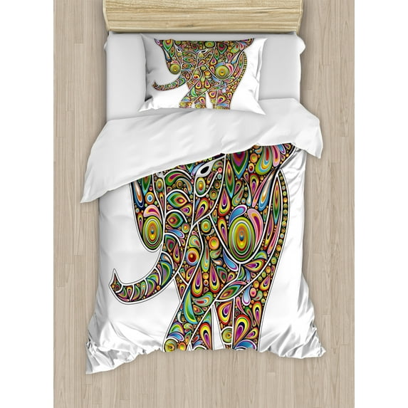 Psychedelic Twin Size Duvet Cover Set, Large Eastern Elephant Figure Trippy Pattern Boho Art Savannah Illustration, Decorative 2 Piece Bedding Set with 1 Pillow Sham, Multicolor, by Ambesonne