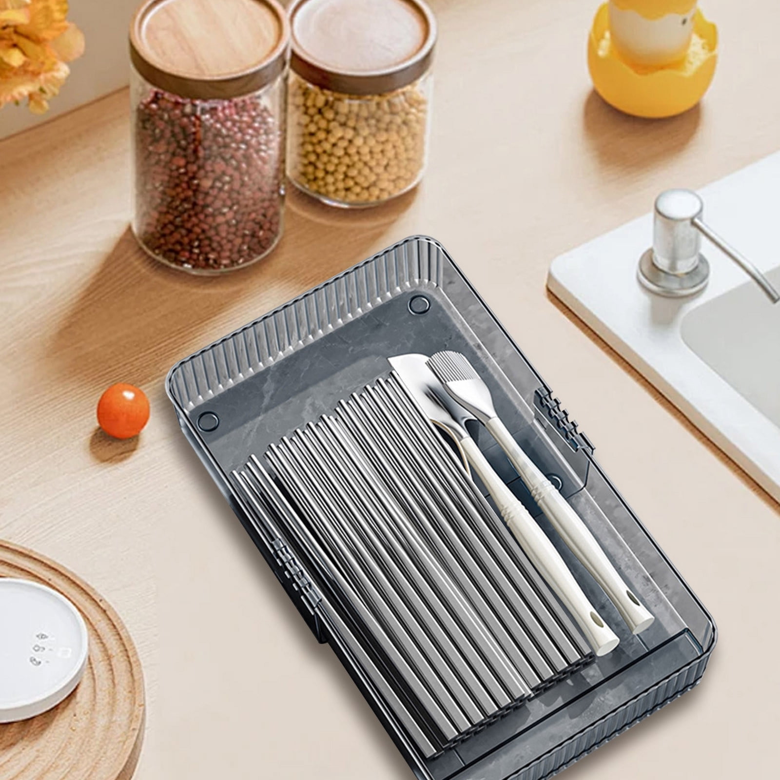 A Large Expandable Kitchen Drawer Organizer Adjustable Divider Clear Plastic Storage Box For Utensils Cutlery Office Supplies Multiple Compartments 14.17 Inches