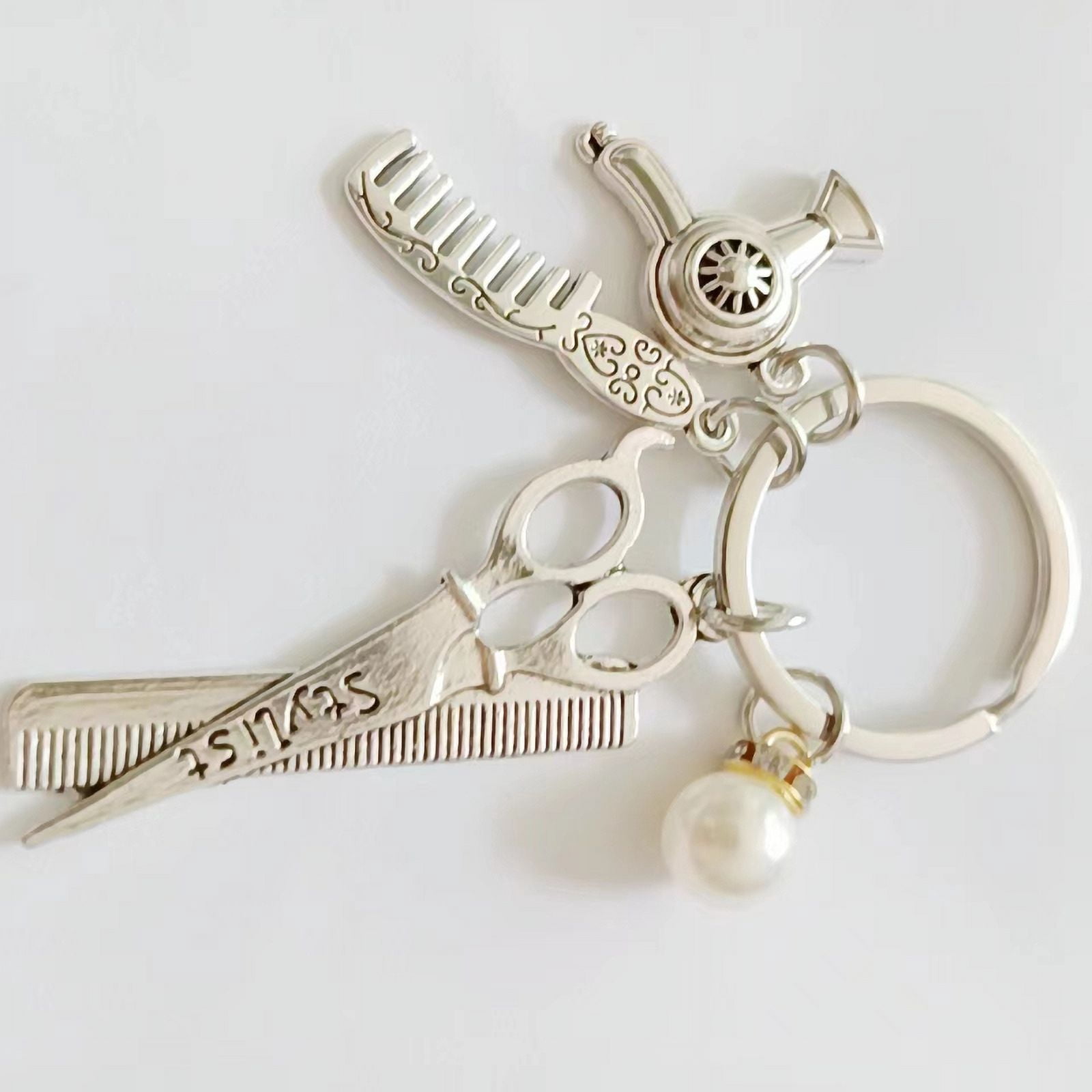 Unique barber shop charm key ring, equipped with alloy hair dryers, scissors, combs and pearl embellishment -ladies fashion hairdresser gifts, barber accessories,LFQ
