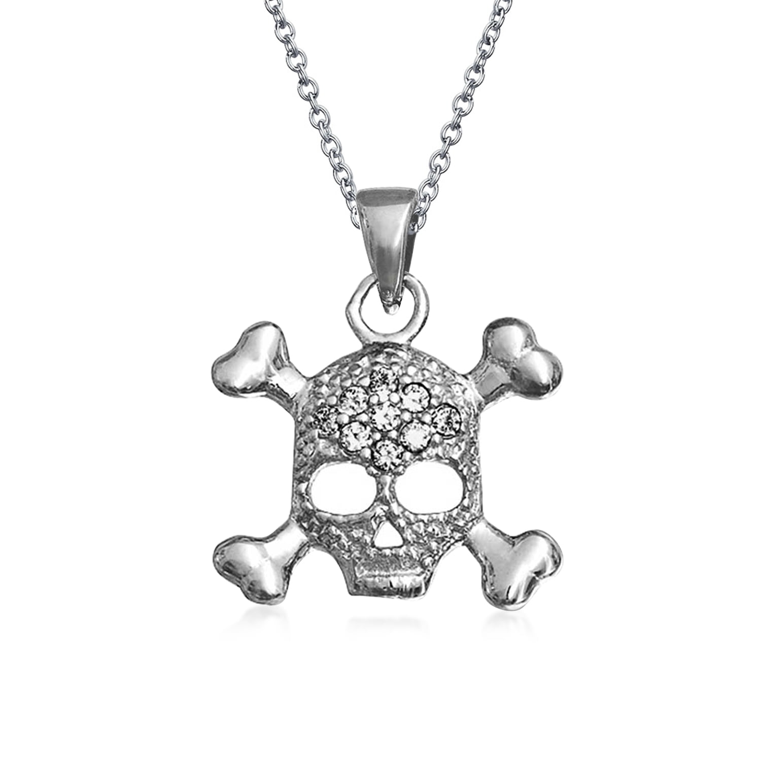 Sterling Silver Womens 1mm Box Chain Mini Skull And Crossbones Jolly Roger Pendant Necklace 