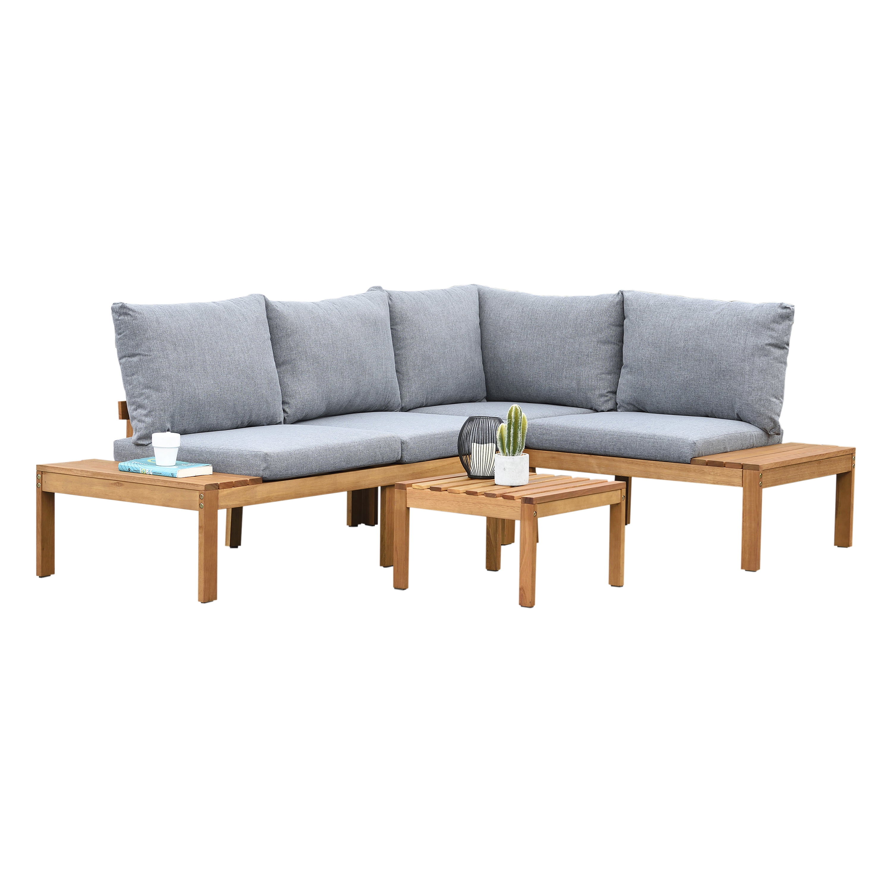 Amazonia Giffo 3 Pieces Teak Patio Conversation Set W/Gray Cushions