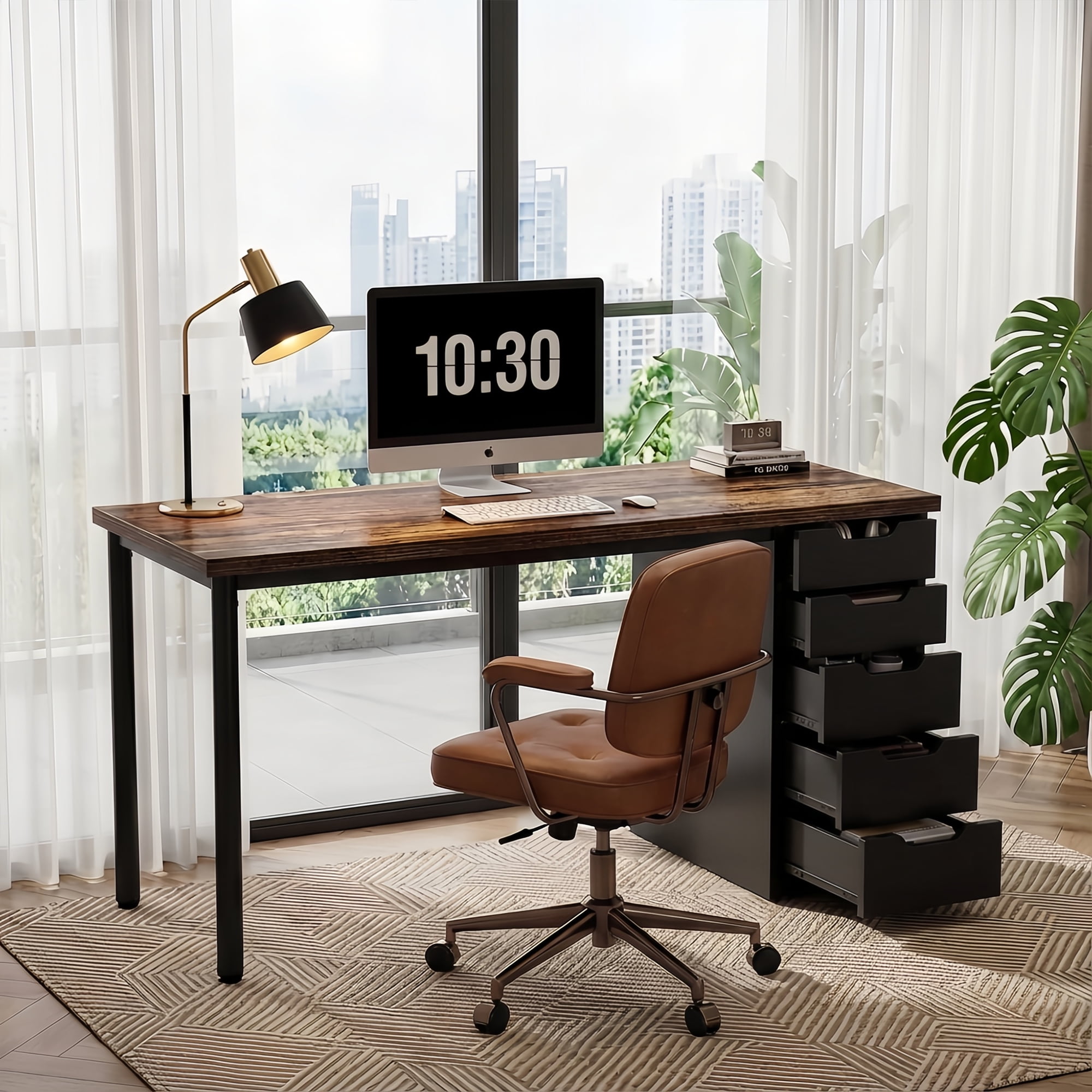 47 Inch Small Space Computer Desk - Rustic Brown & Black Home Office Writing Table With 5 Reversible Drawers, Compact Study Workstation For Apartments Dorms