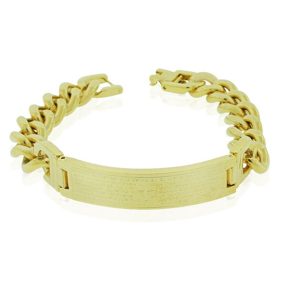 Stainless Steel Yellow Gold-Tone Padre Nuestro Prayer Spanish Mens Chain Bracelet