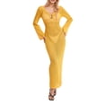 thumbnail image 4 of Kmbangi Femmes Longue Robe en Tricot Couleur Unie Évider Profond V-Cou à Manches Longues Robe Bodycon Tomber Robe de Vacances Sans Dos, 4 of 9