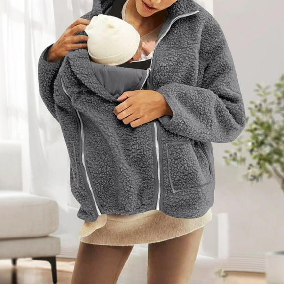 Women's 2-in-1 Babywearing Maternity Fleece Coat - Zip-Up Thicken Winter Outerwear with Built-in Baby Carrier Pocket, Warm Postpartum Mommy & Me Jacket