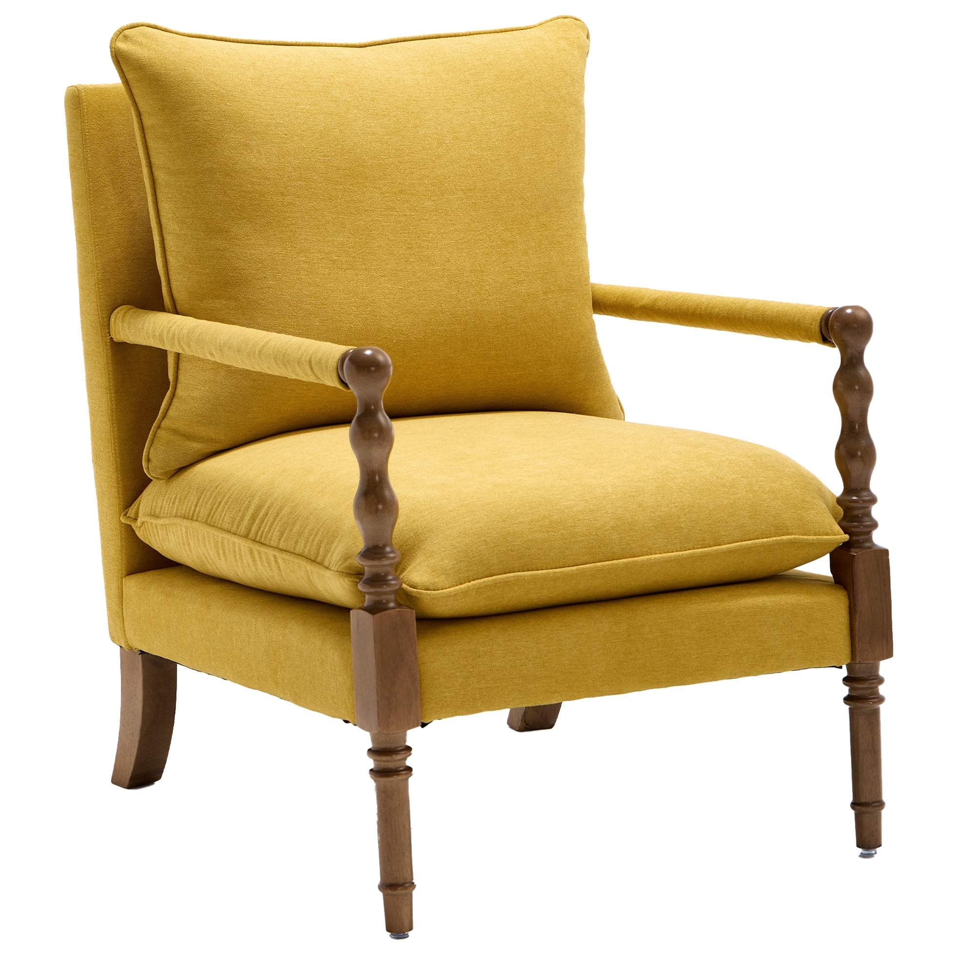 Mid-Century Modern Spindle Armchair,Linen Accent Chair with Cushion & Wood Frame for Living Room Bedroom Office,Yellow