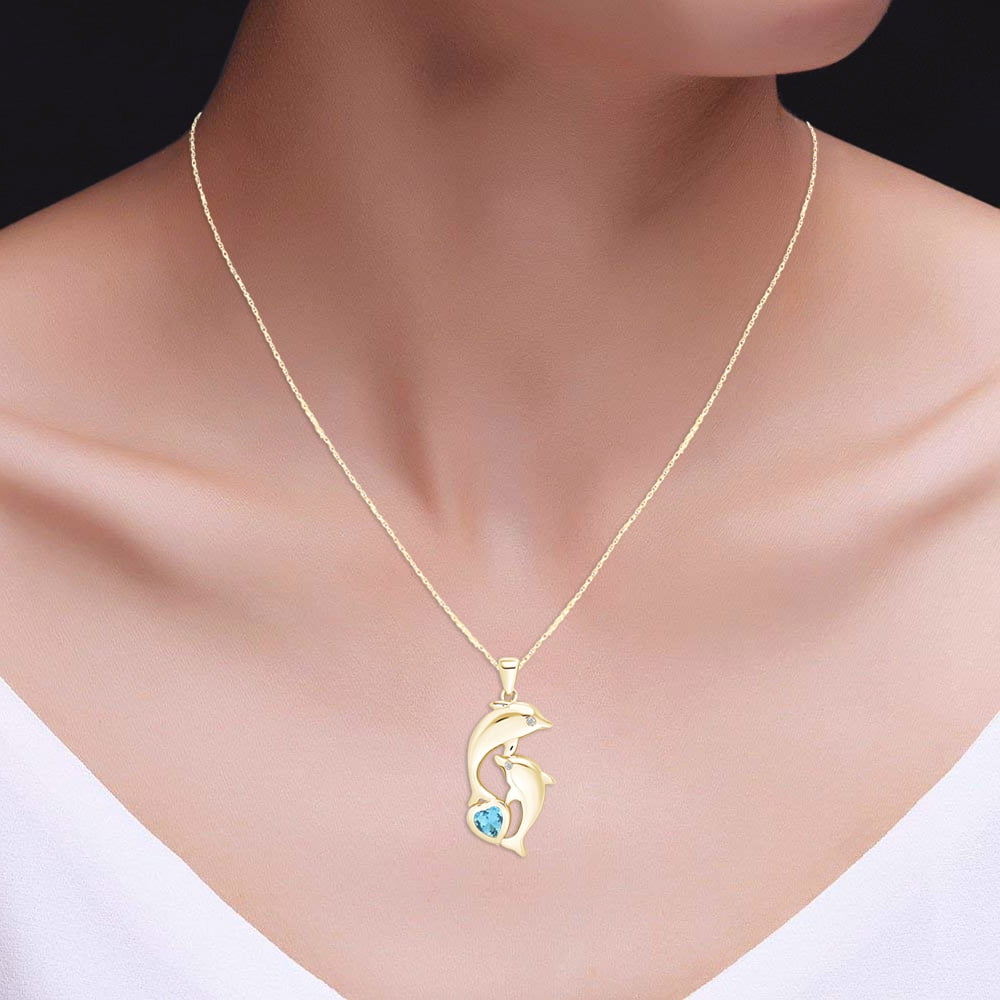 AFFY Heart Simulated Aquamarine & Cubic Zirconia Dolphin Pendant Necklace 14K Yellow Gold over Silver