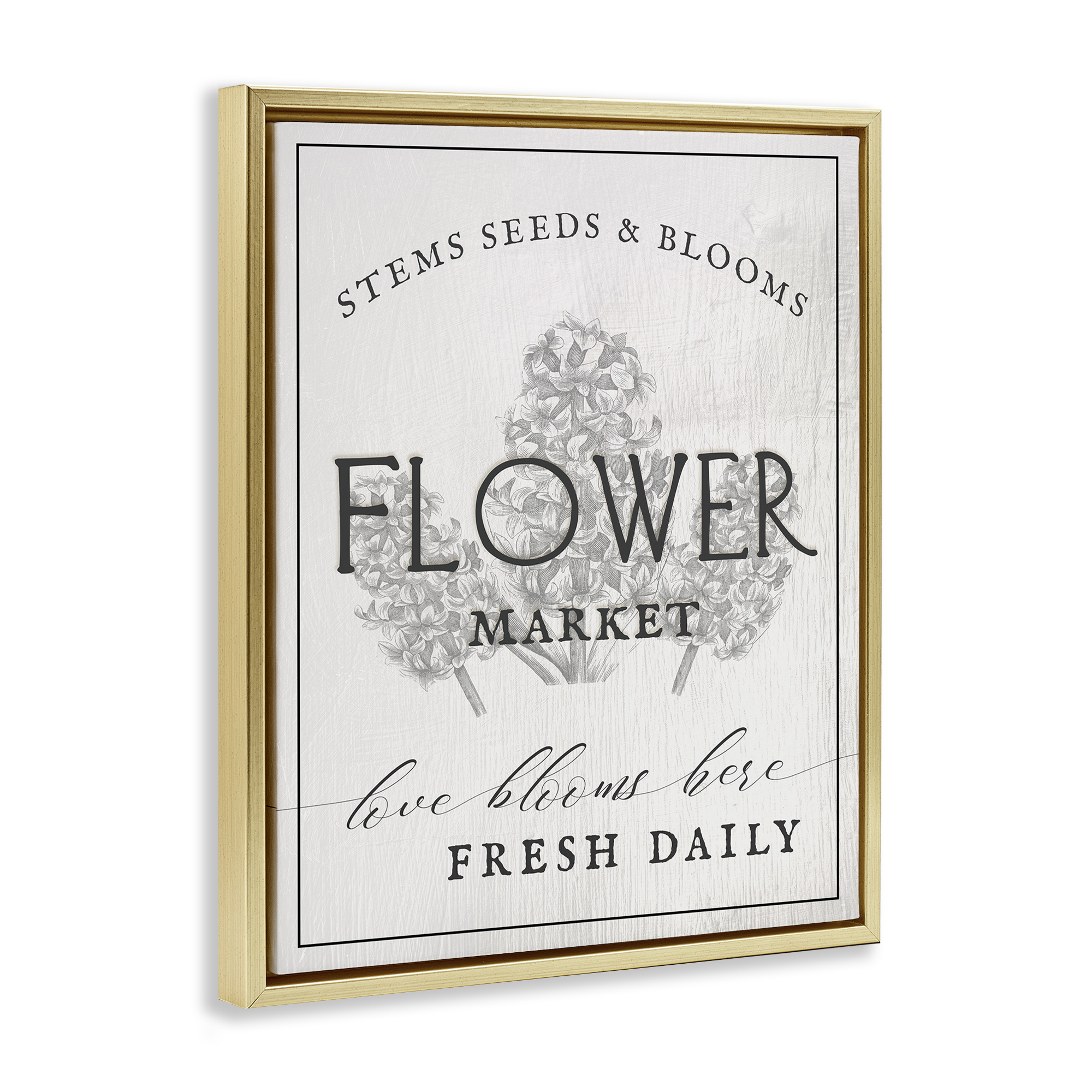 Stupell Industries Flower Blooms Market Typography Painting Gold Floater Framed Canvas Art Print Wall Art, 17 x 21
