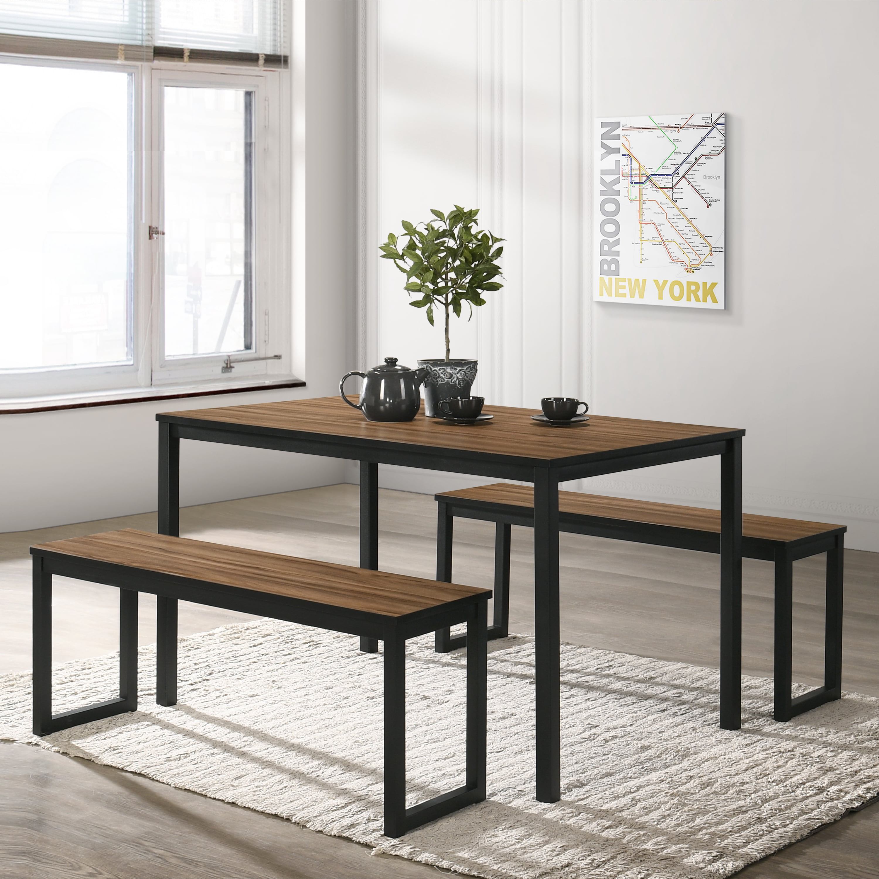 Furniture of America Asher 3-Piece Modern Metal and Wood Dining Table and Bench Set, Black