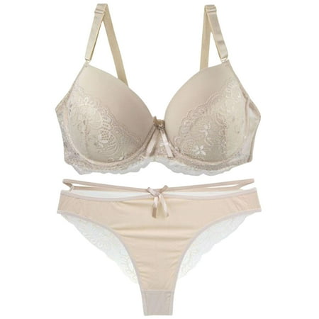 Chuancc Bra and Panty Set Womens Thong Underwear Women s Bra And Panty Sets Lace 2 Piece Bra And Thong Set Underwire Bra Bikini Sets for Women Beige 80E Clearance