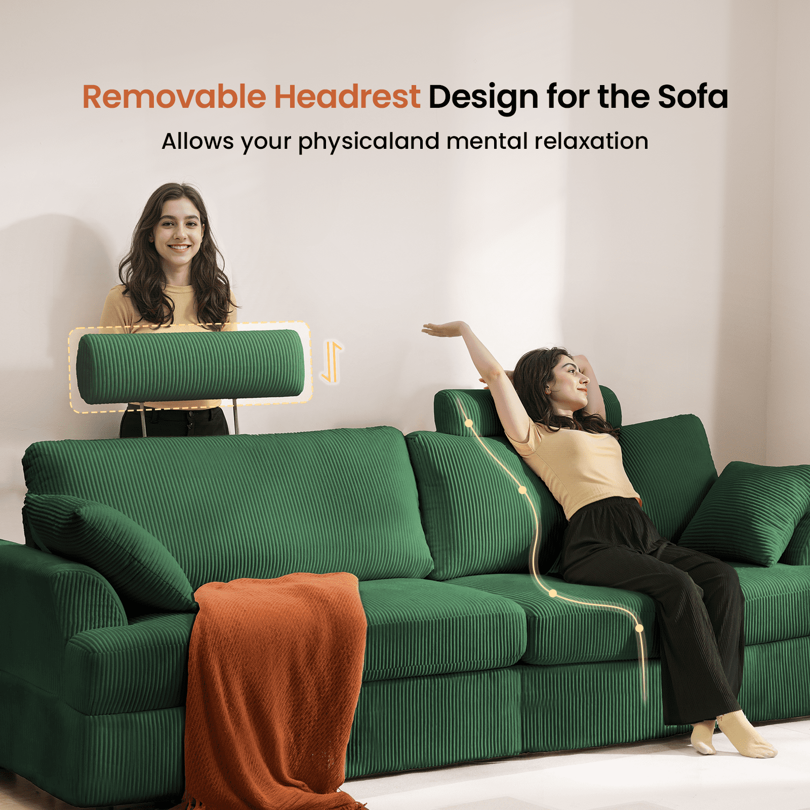 87" Cloud Comfy Sofa Couch with Deep Seat and Thick Cushion, Corduroy Upholstered Fabric Soft for Living Room Office, Green (Includes Headrest)