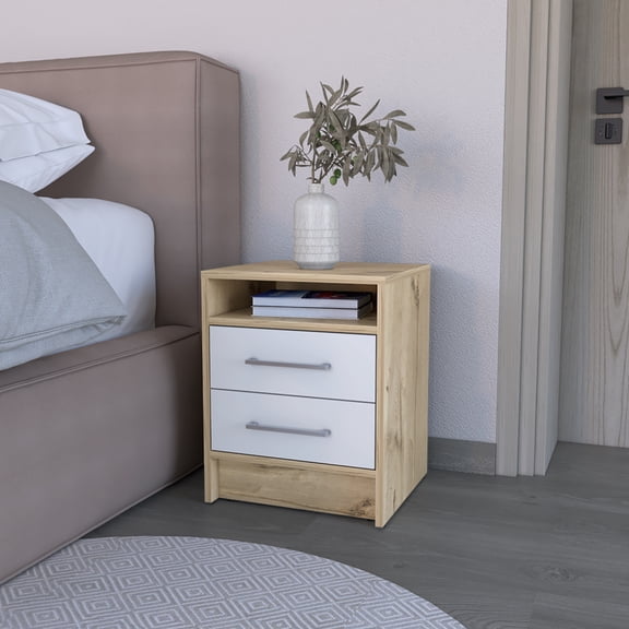 White and Light Oak Finish Nightstand with Two Drawers