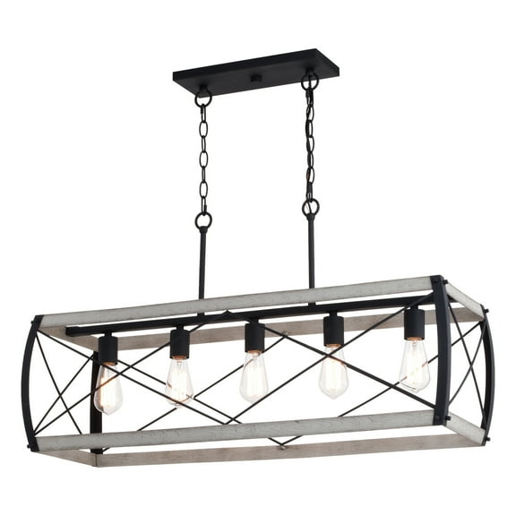 5 Light Chandelier Island Pendant Light - Black Ash Wood Cage Linear Fixture