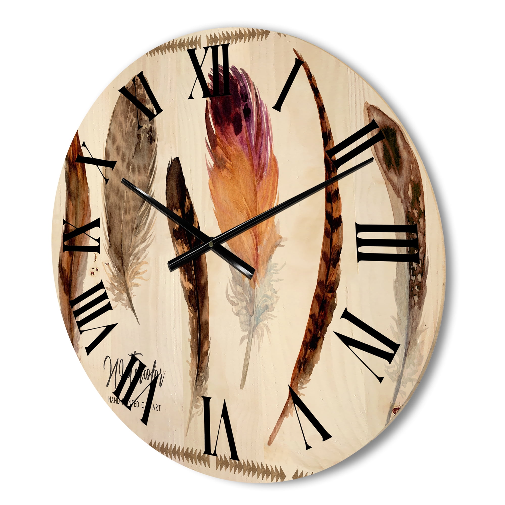 Designart 'Exotic Vibrant Boho Watercolor Feathers' Bohemian & Eclectic Wood Wall Clock