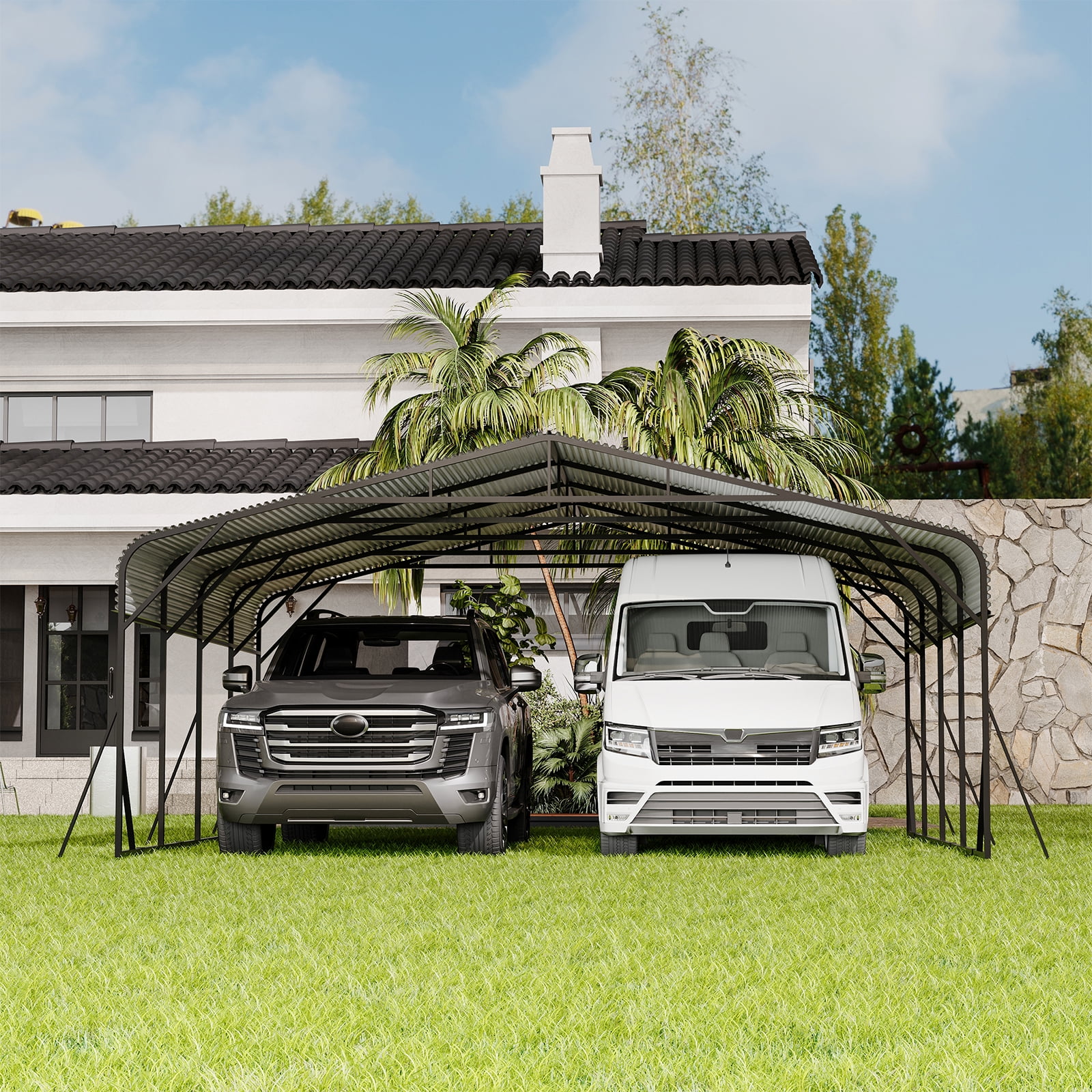 20 x 20 FT Heavy Duty Metal Carport, Galvanized Steel Roof Double Car Garage Shelter, All-Weather Vehicle Protection for Cars, Boats & RVs, 2-Car Extra Large Outdoor Canopy & Party Tent, Black