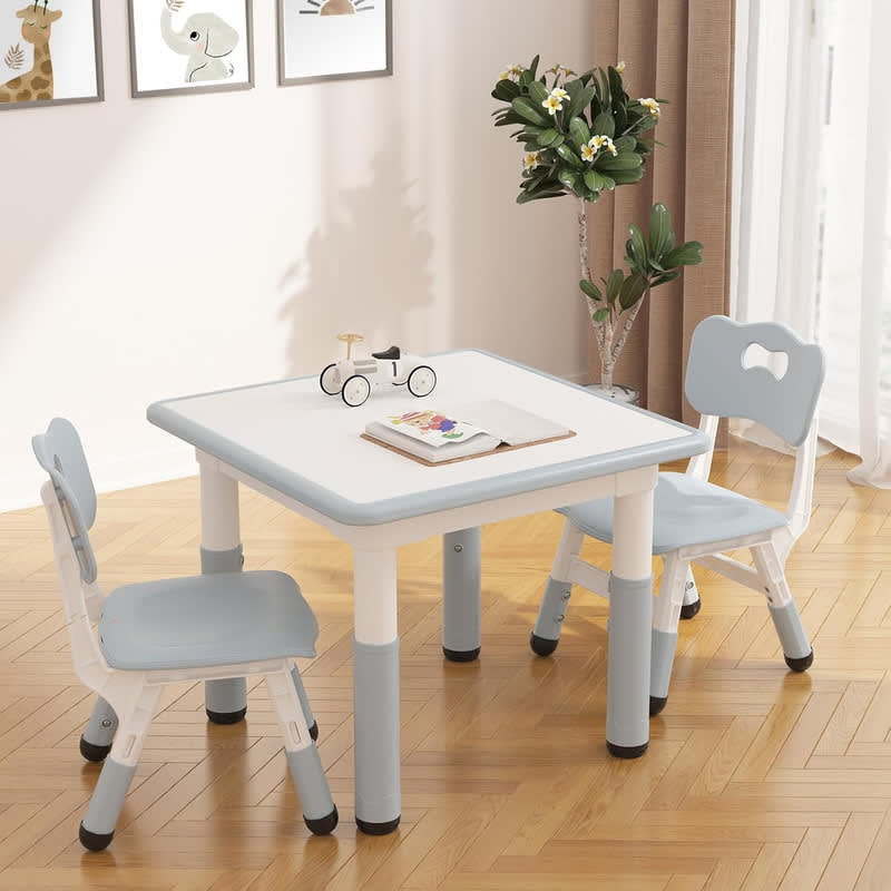 EastVita Kids Table and 2 Chairs Set, Height Adjustable Toddler Table and Chair Set, Graffiti Desktop, Children Multi-Activity Table for 2, Kids Study Table for Home Daycare Preschool for Ages 2-8