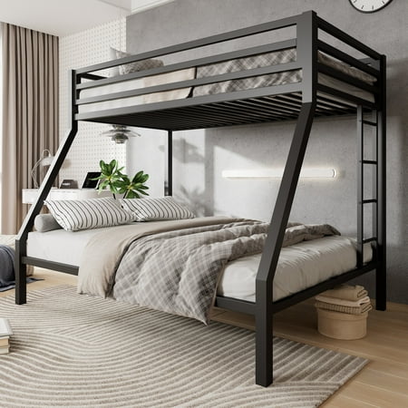 Amolife Twin over Full Metal Bunk Bed with Removable Ladder  Full-Length Guardrail  Black