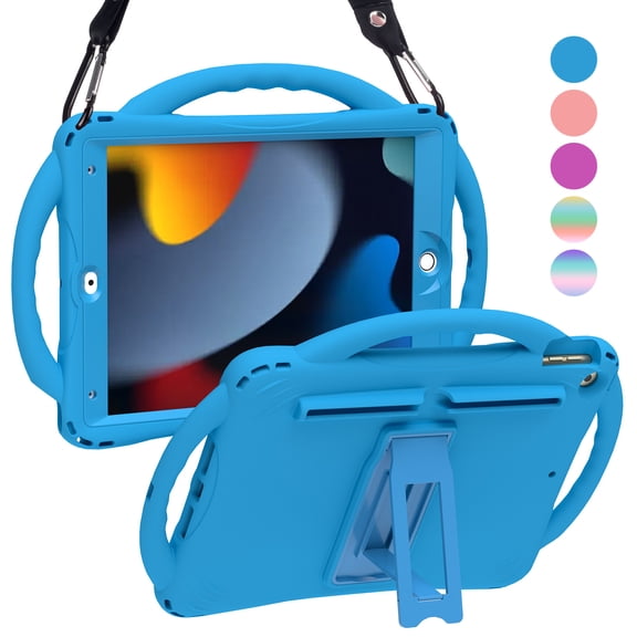 Kids iPad Case 10.2 Inch for iPad 9th/8th/7th Gen, Shockproof Silicone Cover with Built-in Screen Protector, Handle, Kickstand & Removable Strap (Blue)