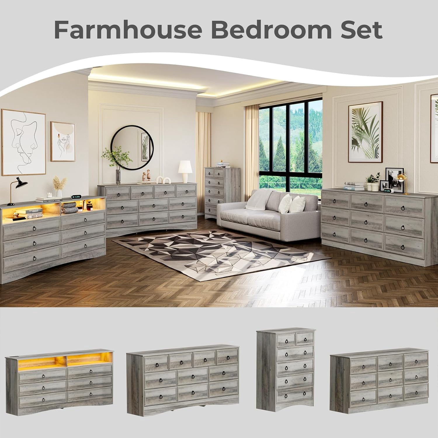 VVFLU Vintage 6 Dresser for Bedroom, Farmhouse 6 Drawers Dresser with Open Shelfs and LED Lights, 47.3" Wide Wood Rustic Chest of Drawers for Living Room, Hallway, Gray