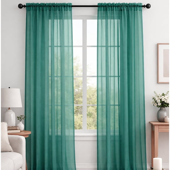Teal Sheer Window Rod Pocket Curtain Set - 90" Inches Long (2 Panels)