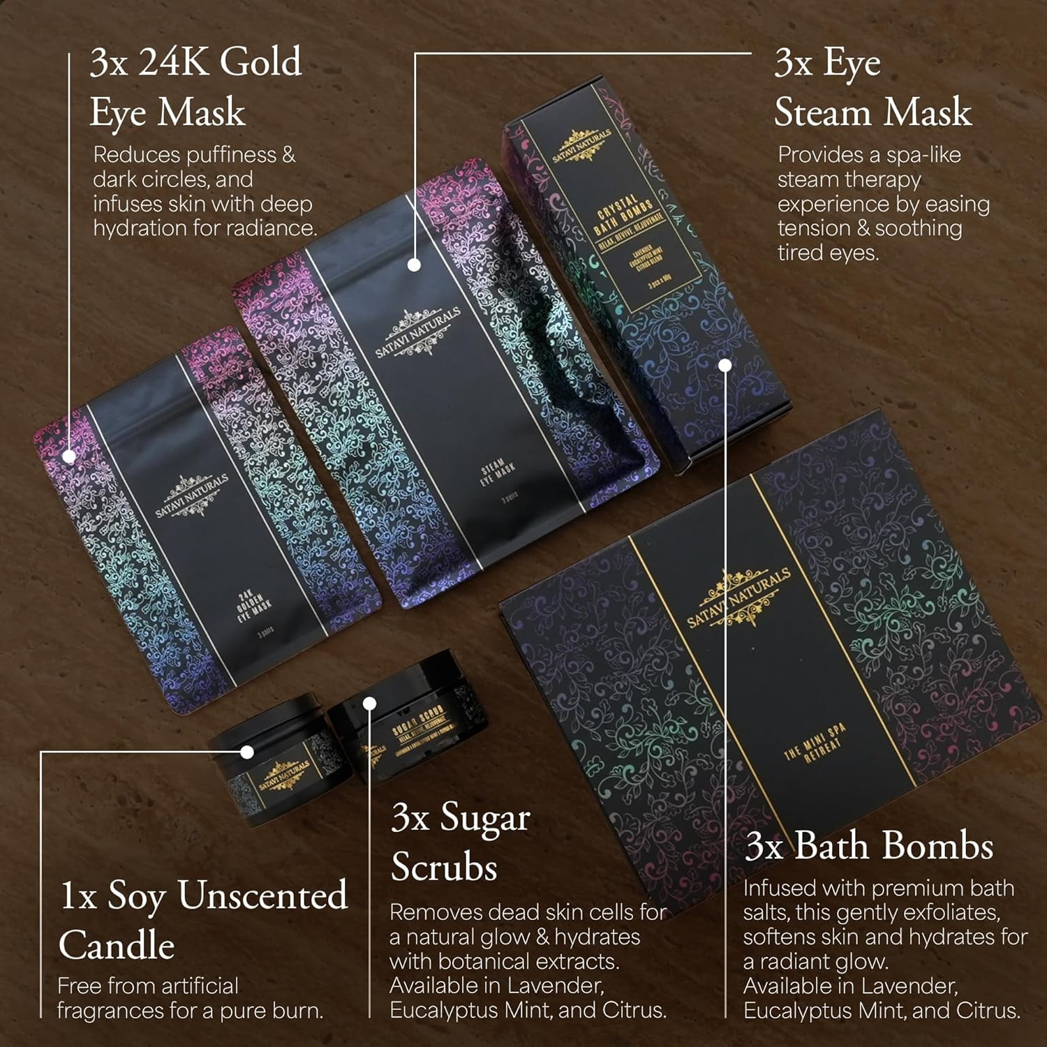 Satavi Naturals The Mini Spa Retreat - Home Spa Kit Including 24K Gold Eye Mask, Bath Bombs & Sugar Scrubs, Candle & Self-Heating Steam Eye Mask - Pampering, Relaxation & Self Care Gifts for Women
