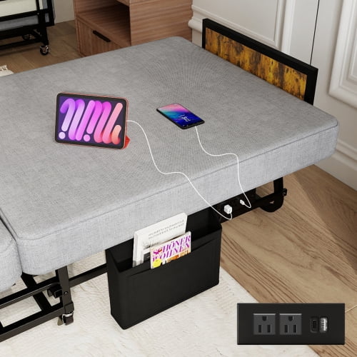 78" Heavy-Duty Rollaway Folding Bed with 3" Memory Foam Mattress, USB Charging Headboard, Side Pocket & Lockable Wheels – Portable Guest Bed for Home, Office & Camping