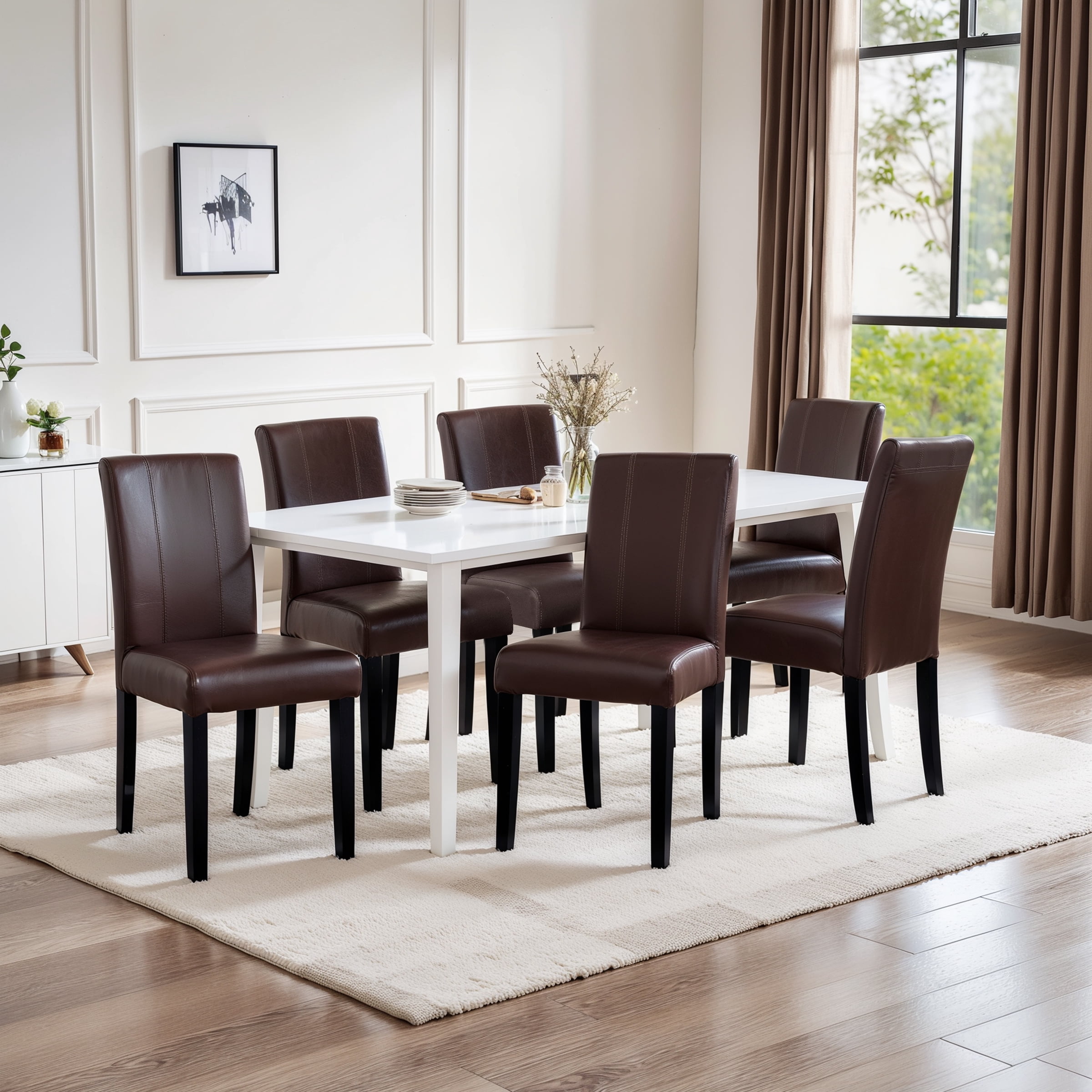 Subrtex Modern Parsons Faux Leather Dining Chairs Set of 6 Upholstered Dining Chairs–Brown
