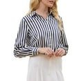 thumbnail image 4 of INSPIRE CHIC Women's Satin Striped Shirt Button Down Long Sleeve Office Blouse XL Navy Blue, 4 of 5