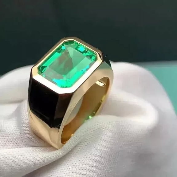 3CT Emerald Cut Lab Created Green Emerald Men's Band Ring 14K Yellow Gold Finish