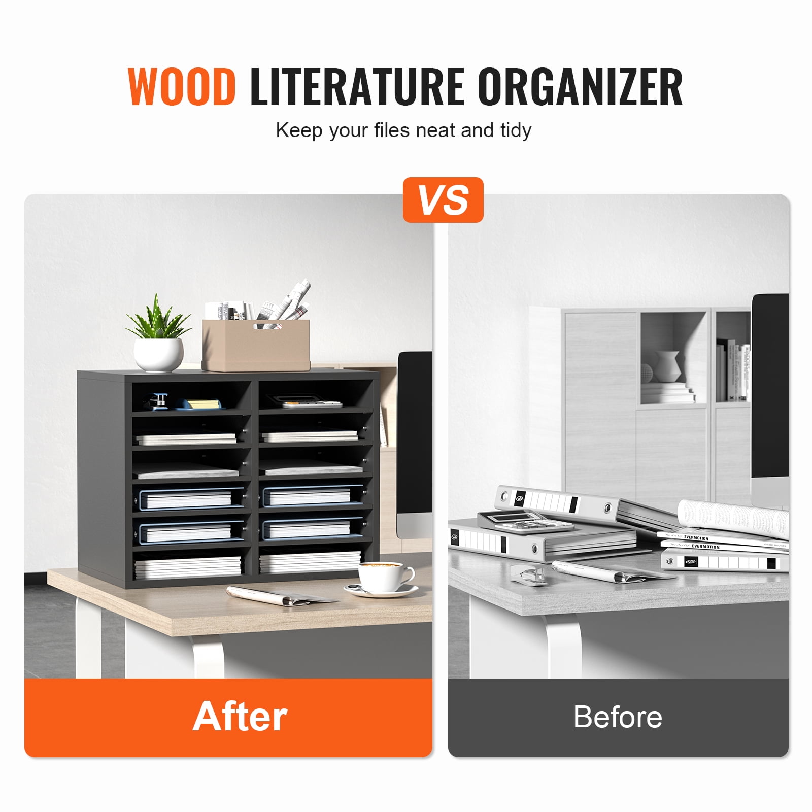 VEVOR Wood Literature Organizer Adjustable File Sorter 12 Compartments Countertop Literature Organizer Paper Storage Holder Gray