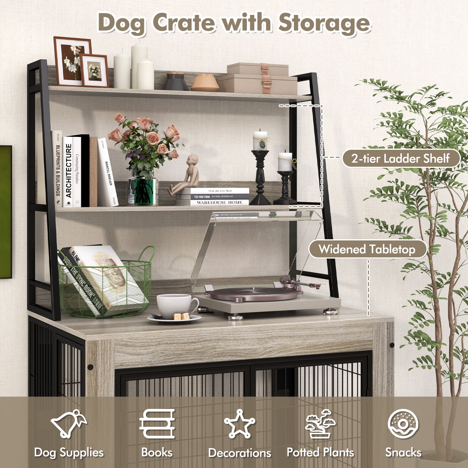 Gymax Dog Crate Furniture w/ Storage Shelves Industrial Dog Kennel w/ Flip-up Top Gray