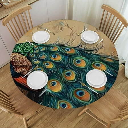 

Palnkart Peacock Flowers Butterfly Round Tablecloth | Stain-Resistant & Washable | Indoor Outdoor | Wedding Party Camping Kitchen Dining | Premium Polyester Fabric 54 -58