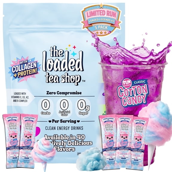 The Loaded Tea Shop Cotton Candy Collagen Protein Energy Drink Mix, 5ct