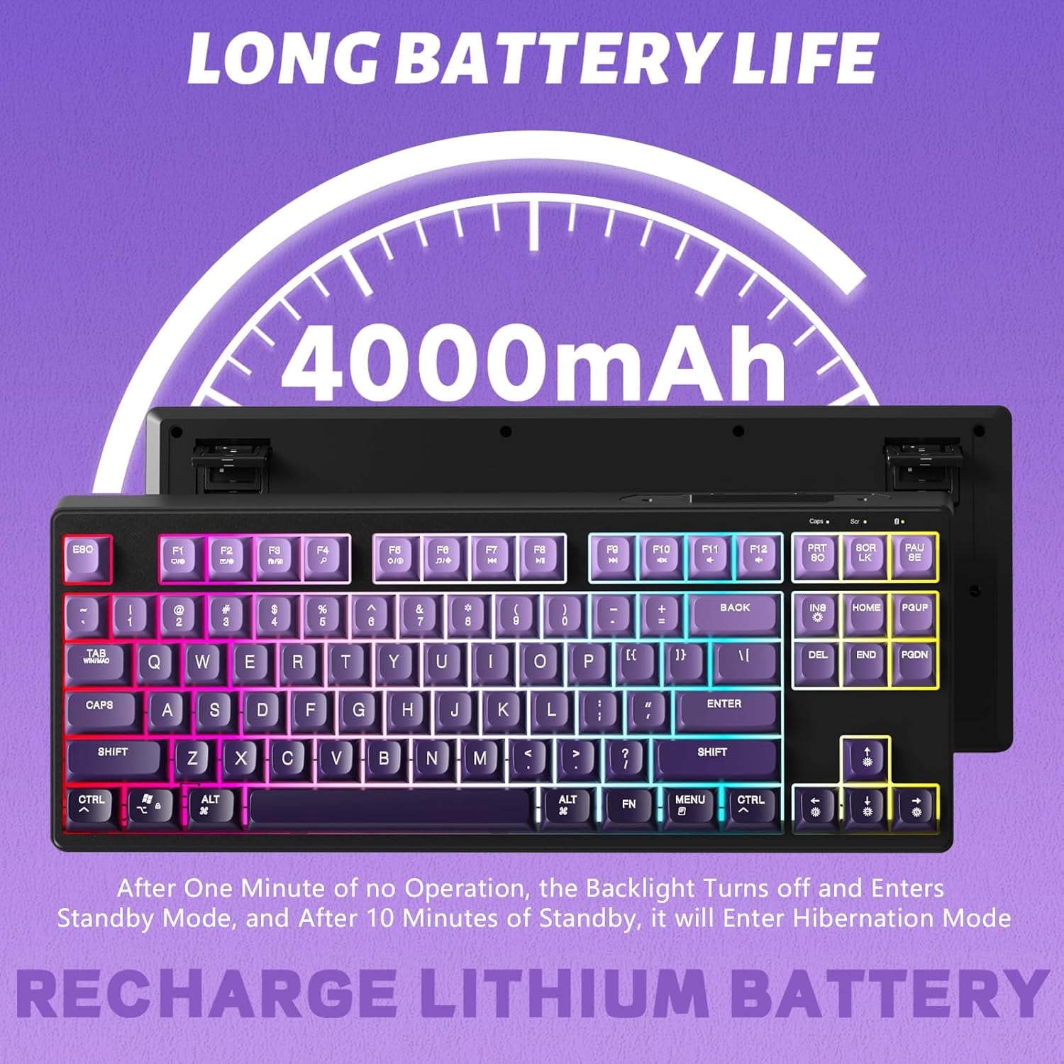 ATTACK SHARK M87 80% Wireless Gaming Keyboard,87 Keys TKL Mechanical Feeling SA PBT Keyboard, Bluetooth 5.0/2.4Ghz Dual Mode Pc Gaming Keyboards for Silent Office/Gaming(Purple)