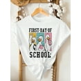 thumbnail image 1 of Kids' Short Sleeve T-Shirt - "FiRST DaY of SCHooL" Cartoon Design, Soft Cotton, Regular Fit, Crew Neck, Spring/Summer/Fall Casual Top For Girls & Boys, Back-To-School essential, 1 of 6